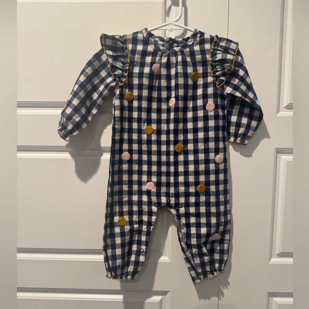 Mud Pie Gingham Plaid Navy & White Polka Dot Detail Long Sleeve One Piece 6-9M